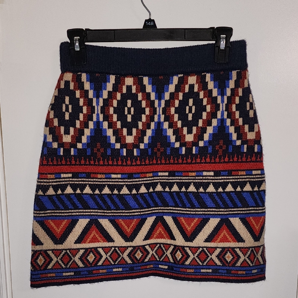 FARM Rio Geometric Knit Skirt - Blue, Red, Cream